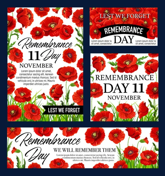 Red poppy flower Remembrance Day memorial banner — Stock Vector