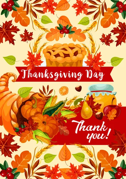 Thanksgiving Day Holiday Gratulationskort Höstens Skördefest Ymnighetshorn Med Pumpa Majs — Stock vektor