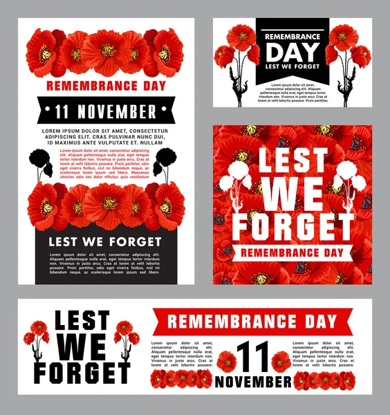Remembrance Day memorial card of red poppy flower — Stock Vector