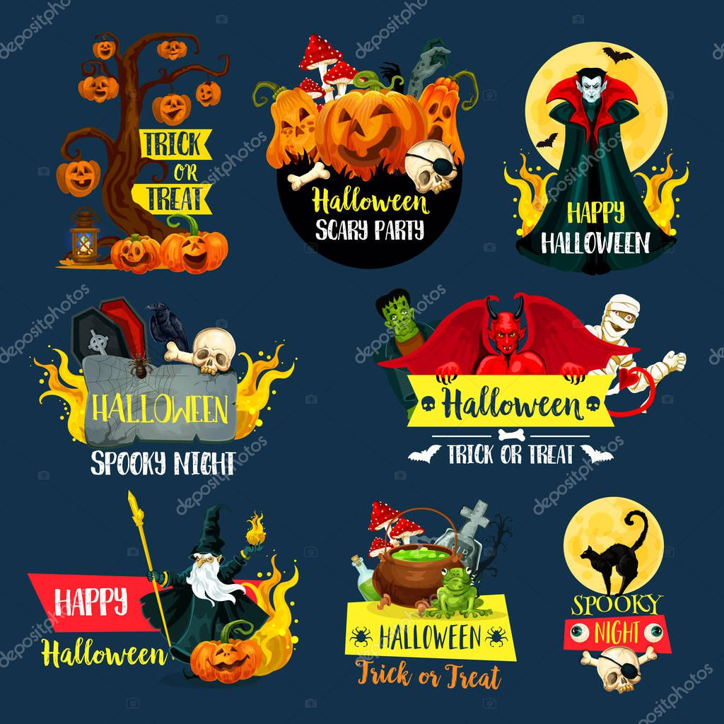 Halloween trick or treat symbol for autumn holiday horror night party. Spooky pumpkin lantern, skull and bat, full moon, witch cat and zombie, mummy, vampire and cemetery monster badge design