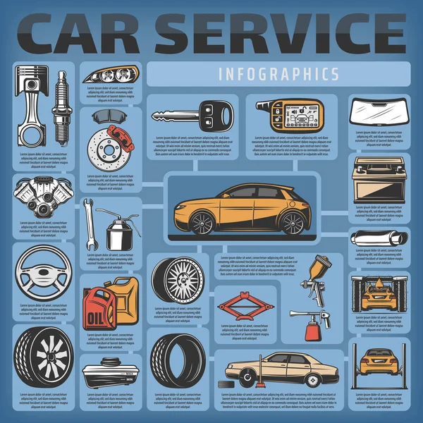 Auto Service Infographics Voor Reserveonderdelen Mechanische Station Vector Motor Olie — Stockvector