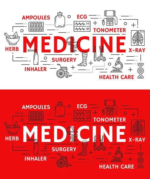 Cartel médico vectorial del símbolo de medicina de línea delgada — Vector de stock