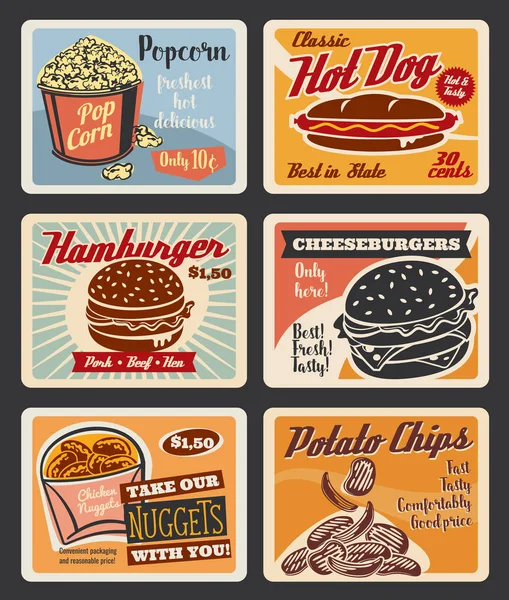 Vettoriale retro fast food hamburger e snack manifesti — Vettoriale Stock