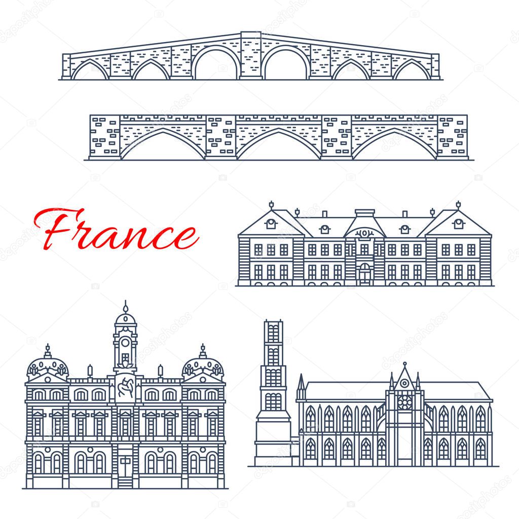 Vector architecture icons of France Lyon, Limoges