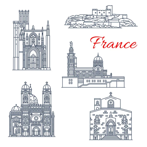 Monumentos Arquitectónicos Francia Famosos Edificios Históricos Marsella Iconos Línea Delgada — Archivo Imágenes Vectoriales