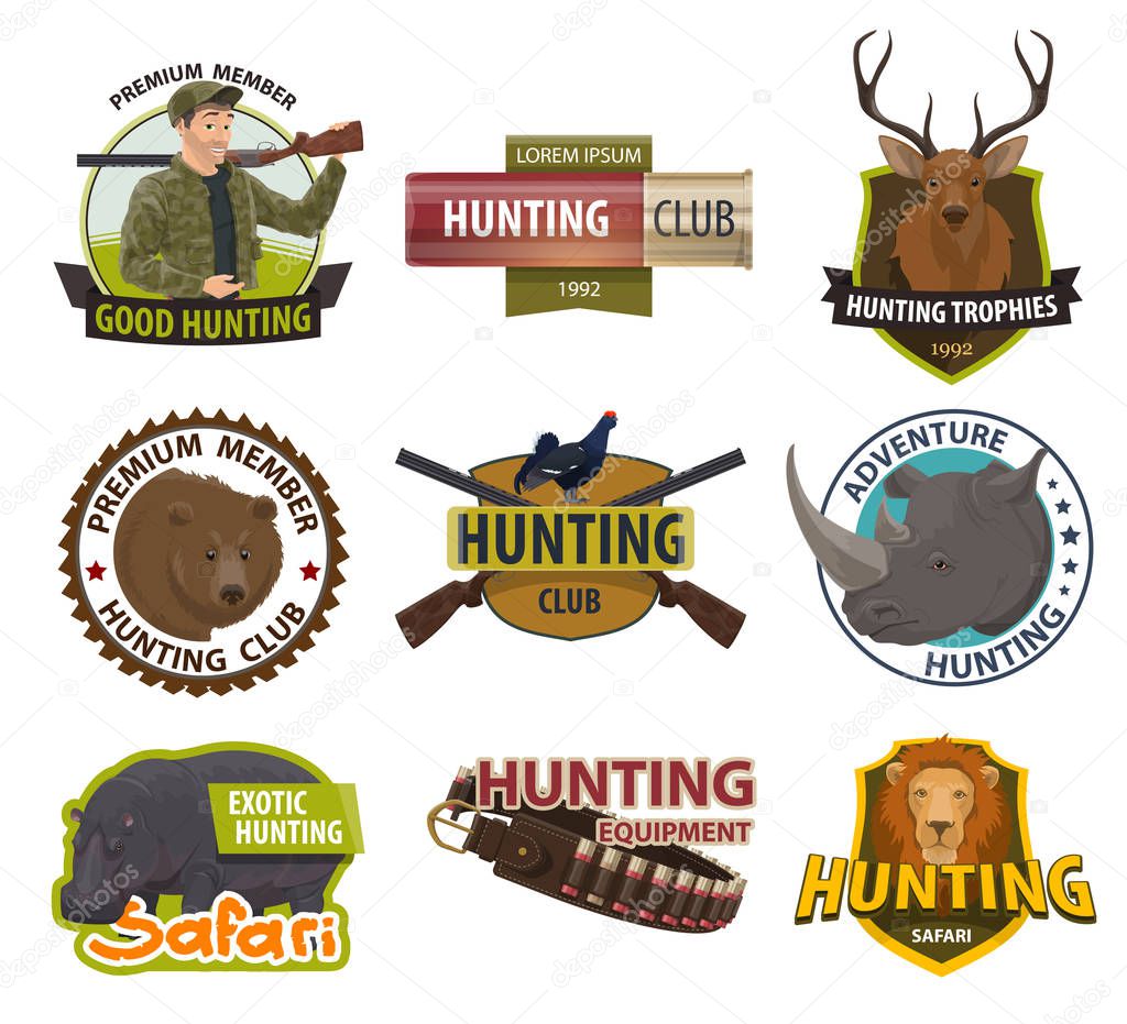 Vector icons of hunting club or hunt open season