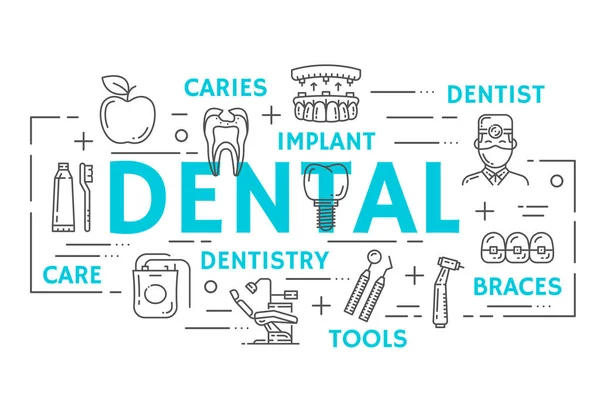 Banner de medicina de odontología del icono de línea delgada dental — Vector de stock