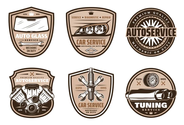 Auto service retro badge van auto reparatie winkel-ontwerp — Stockvector