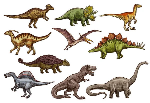 Dinosaurus en prehistorische reptielen dierlijke schetsen — Stockvector
