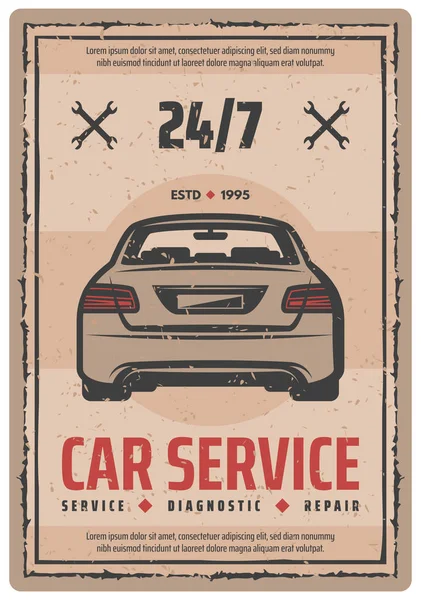 Servicio de reparación de automóviles cartel retro con coche vintage — Vector de stock