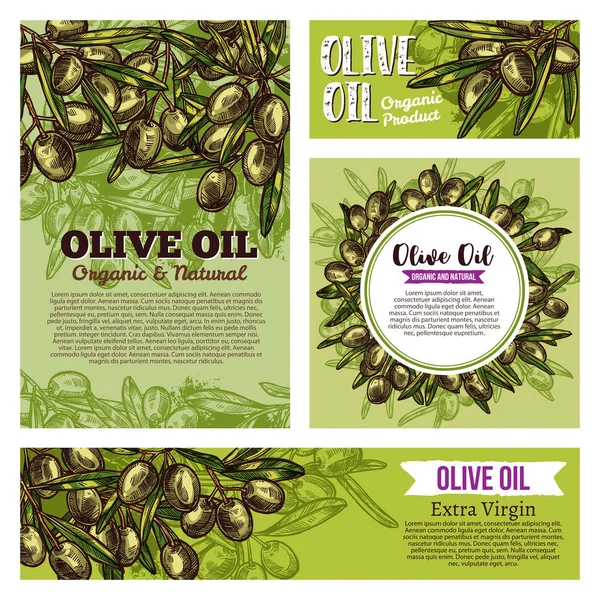 Etiquetas de aceite de oliva con frutas y ramas verdes — Vector de stock
