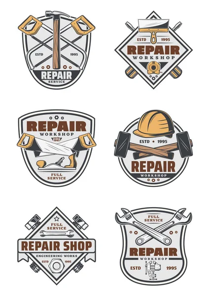 House repair service vintage badges with tools — Stock Vector