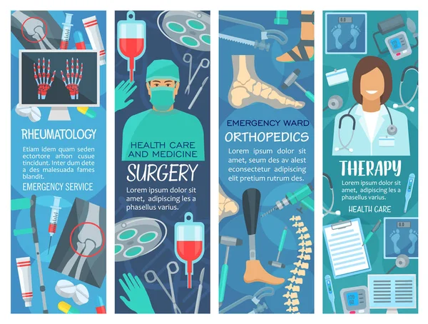 Bannières hospitalières et cliniques avec outils médicaux — Image vectorielle