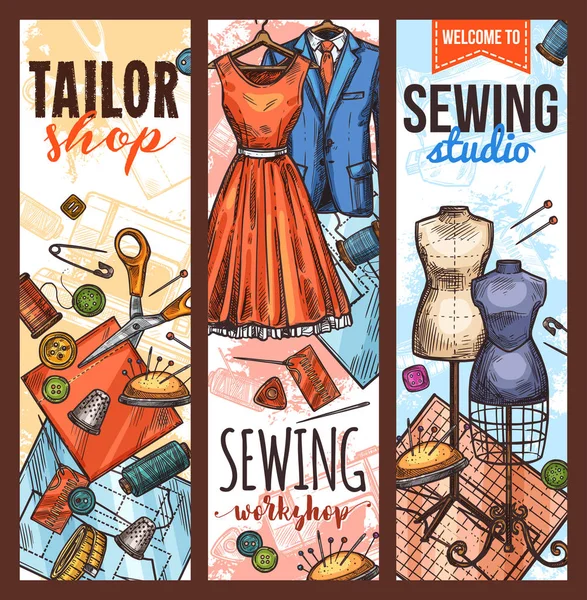 Atelier, tailoring and sewing studio sketch banner — Stock Vector