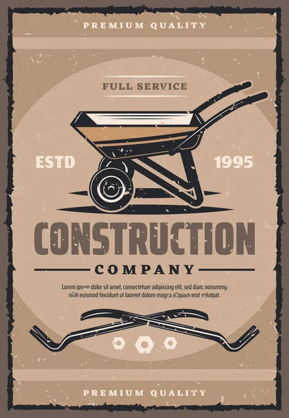 Empresa constructora banner vintage con herramienta de trabajo — Archivo Imágenes Vectoriales