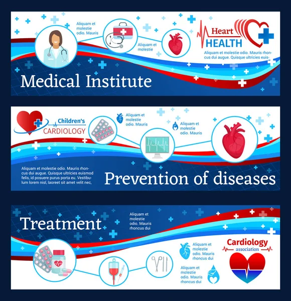 Bandeiras de clínica de cardiologia com médico e coração — Vetor de Stock