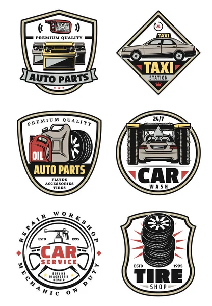 Tienda de reparación de coches y servicio de garaje insignias vintage — Archivo Imágenes Vectoriales