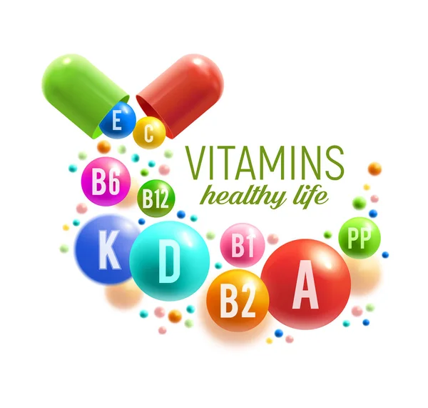 Плакат с витаминными таблетками и шариками, мультивитаминный дизайн — стоковый вектор