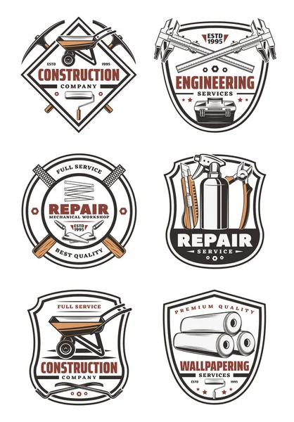 Empresa constructora insignia retro con herramienta de reparación — Archivo Imágenes Vectoriales