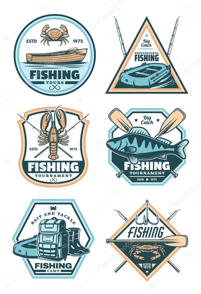 Fishing sport vintage shield badge with fisherman equipment and fish catch. Fish, crab and lobster, rod, hook and boat, boot, backpack and paddle retro grunge icon for fishing tour or camp design