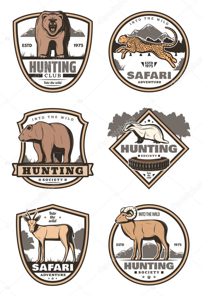Hunting sport club and african safari retro labels with ribbon banner. Forest and savannah animals vintage icons of bear, jaguar and antelope, panther, gazelle and badger, hunter rifle and cartridge
