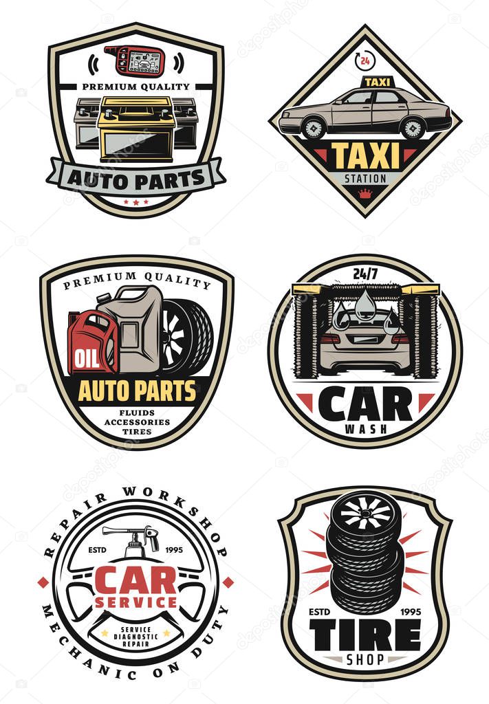 Car service retro labels for repair workshop, car wash, auto part and tire shop design. Motor oil, wheel and tire, battery, steering wheel and alarm system key vintage icons for transportation emblem