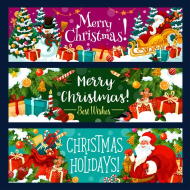 Kış tatil hediye ve Noel Baba ile Noel başlık. Xmas ağacı, Noel Baba ve kardan adam tebrik kartı çan, mevcut olan ve kar, yıldız, şerit yay ve şeker, yeni yıl garland holly ve köknar Şubesi