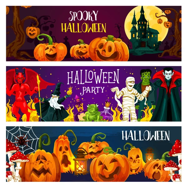Calabaza de Halloween, pancarta de saludo de monstruo de horror — Archivo Imágenes Vectoriales