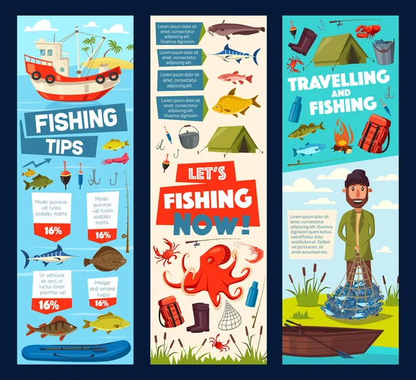 Viagem de pesca e pescador peixes pegar banners dicas — Vetor de Stock
