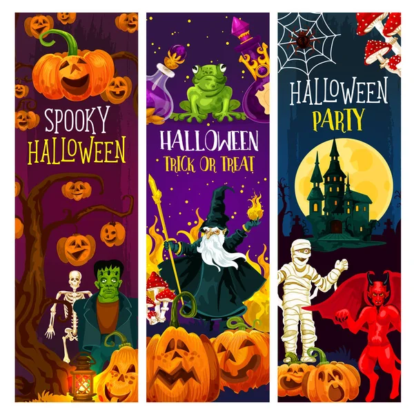 Halloween-Party-Banner mit Trick oder Leckerbissen — Stockvektor