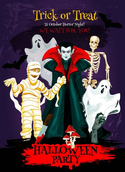 Halloween truc of behandelen poster van horror monster — Stockvector