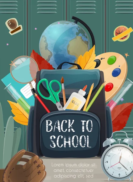 Volver a la escuela papelería y libros en mochila — Vector de stock