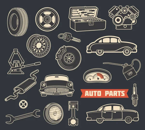 Auto parts retro symbols with vintage car details — Stock Vector