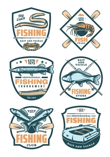 Fishing club and fisher shop retro badges — Stock Vector