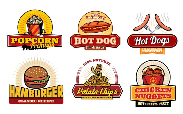 Makanan cepat saji retro lencana dengan burger dan hot dog - Stok Vektor