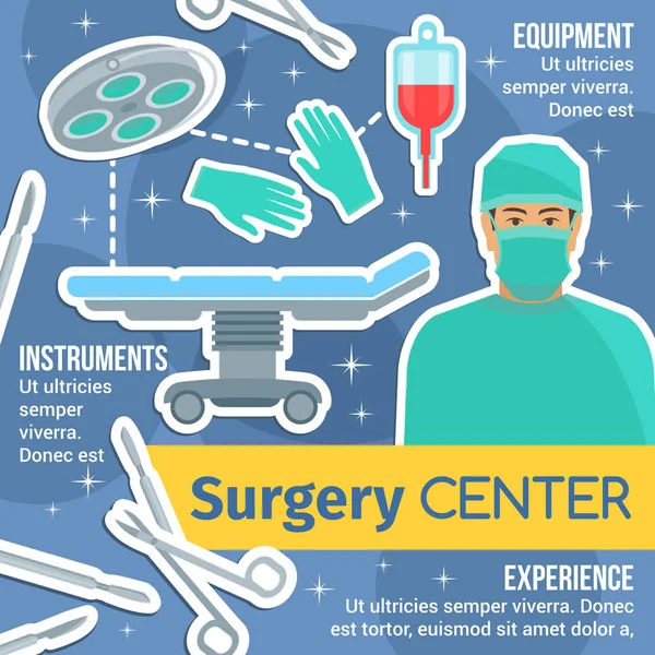 Плакат хірургічного центру з хірургом та інструментами — стоковий вектор