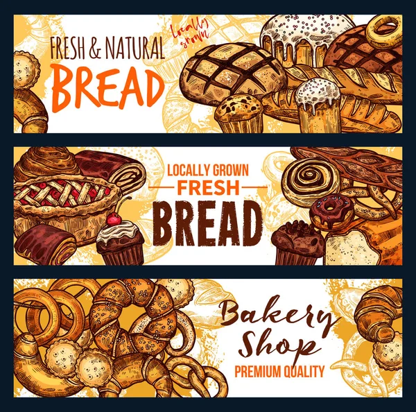 Bread and pastry food sketch banner of bakery shop — Stock Vector