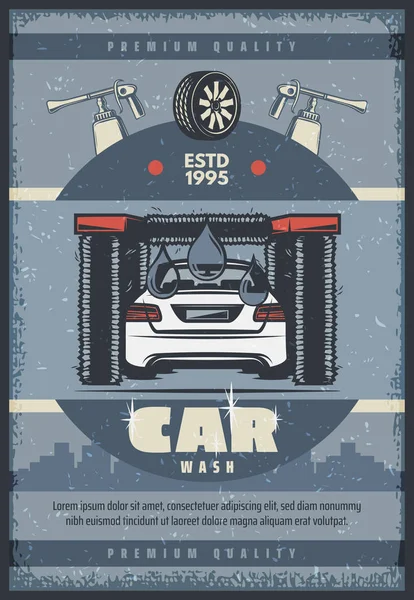 Biltvätt service retro affisch av fordonet och borste — Stock vektor