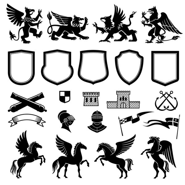Heraldic design elements with animals and shields