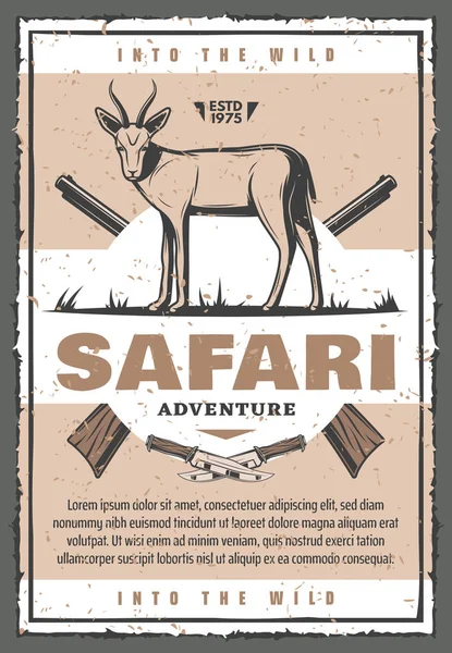 Safári africano animal com caçador rifle cartão retro — Vetor de Stock