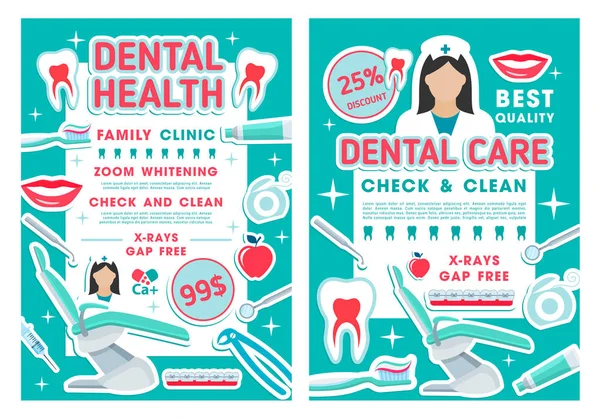 Clínica odontológica e oferta de desconto odontológico cartaz —  Vetores de Stock