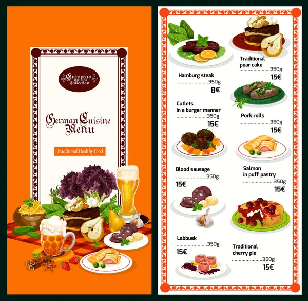 German restaurant menu with bavarian cuisine dish — Stock Vector