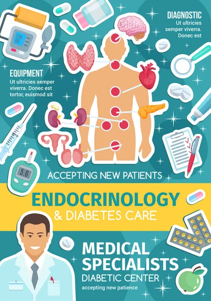 Cartaz médico de endocrinologia com sistema endócrino — Vetor de Stock