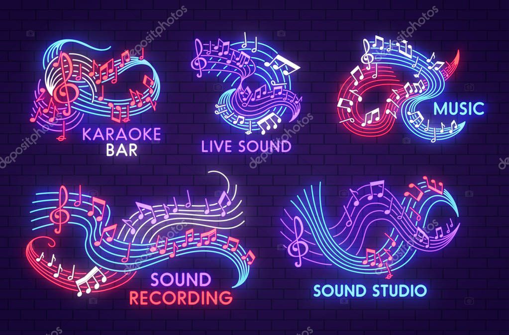 Music neon light sign of musical note for sound studio, live jazz concert and karaoke bar signboard design. Bright shining note, treble clef and stave symbol design on dark brick wall background