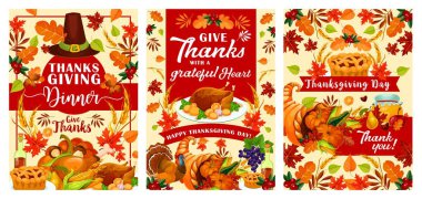 Şükran günü tebrik kartları veya posterler geleneksel sonbahar tatil Festivali için. Bereket Türkiye, kabak ve berry meyve hasat, hacı şapka sonbahar akçaağaç yaprakları vektör tasarımı