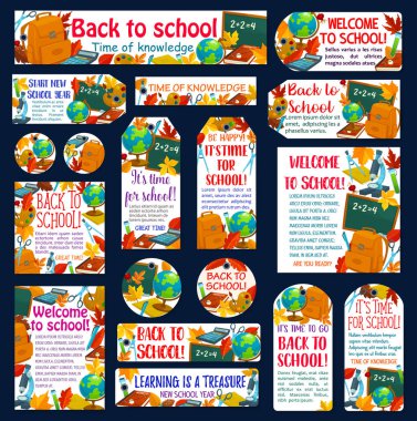 Geri okul poster, afiş ve etiketi etiket için Eylül sonbahar Eğitim sezonu için. Okul çantası, edebiyat ders kitabı veya boya fırça ve Kimya şişe, Not defteri veya cetvel ve akçaağaç yaprağı vektör