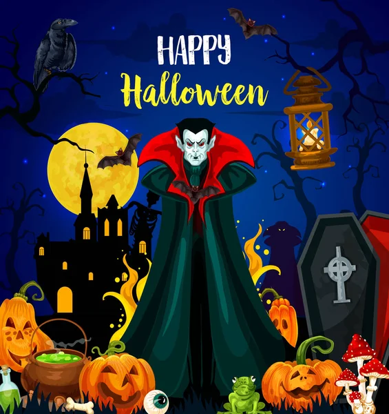 Feliz tarjeta de felicitación de Halloween con monstruo vampiro — Vector de stock