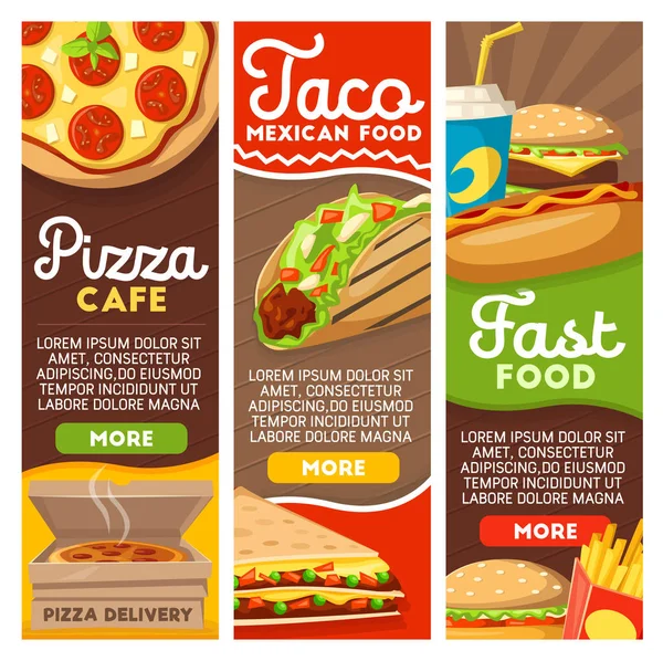 Fast food πίτσα και μεξικάνικο tacos παράδοσης μενού — Διανυσματικό Αρχείο