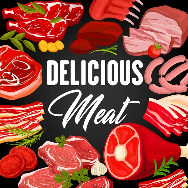 Meat products and sausages butchery shop poster — Stock Vector