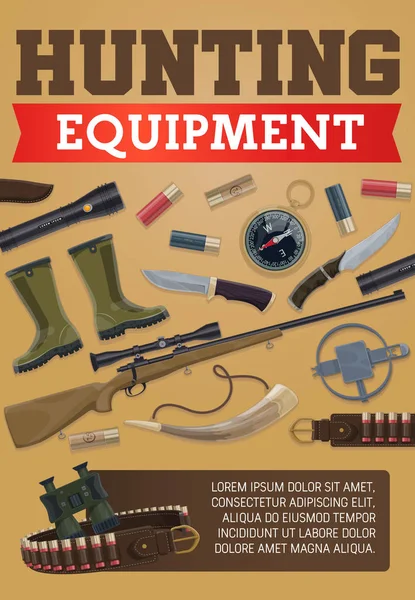 Κυνήγι εξοπλισμός και κυνηγός πυρομαχικά διάνυσμα αφίσα — Διανυσματικό Αρχείο